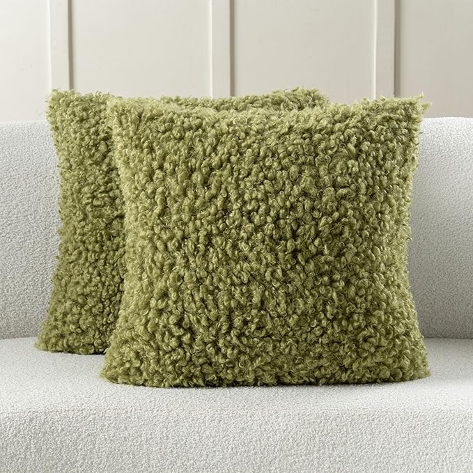 FUTEI Olive Green Decorative Throw Pillow Covers 16x16 Inch Set of 2,Soft Fluffy Faux Wool Fur Boucle Textured Cushion Case,Modern Home Decor for Couch Bed Living Room Office