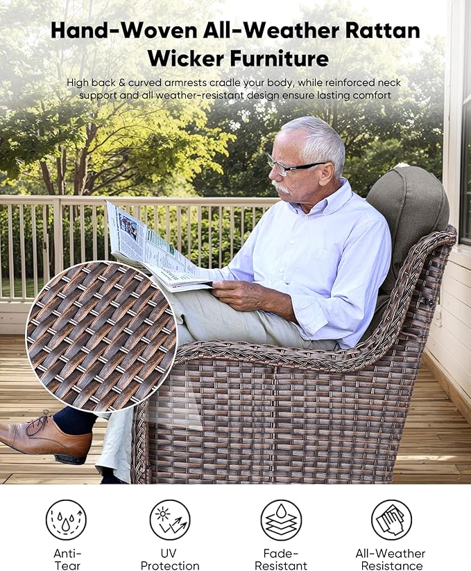 HUMMUH Wicker Patio Furniture Set with Outdoor Swivel Rocker Patio Chairs,High Back Outdoor Couch and Table 5 Pieces Outdoor Furniture for Porch Garden Deck