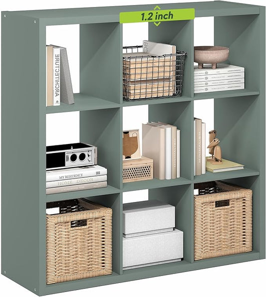 Furinno Cubicle Book Shelf, 9-Cube Thick Frame Bookshelf, Reversible Bookcase with Open Back, 14.6" x 43.8" x 43.8", for Living Room, Bedroom, Home Office, Sage Green