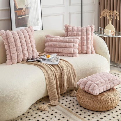 Neelvin Pink Faux Fur Cozy Soft Plaid Decorative Throw Pillow Covers 22x22 inch Set of 2,Velvet Pillowcase Cushion Case for Sofa Couch