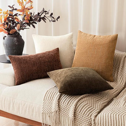 Foindtower Set of 2 Soft Textured Chenille Throw Decorative Pillow Covers Square Accent Solid Cushion Cover Neutral Farmhouse Pillow Case for Couch Sofa Bedroom Living Room 24x24 Inch,Golden Brown