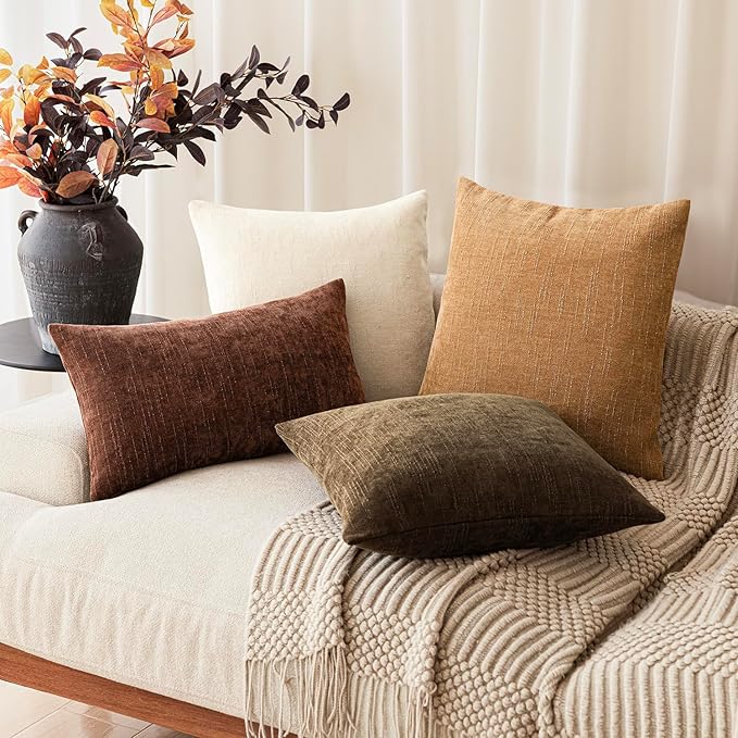 Foindtower Set of 2 Soft Textured Chenille Throw Decorative Pillow Covers Square Accent Solid Cushion Cover Neutral Farmhouse Pillow Case for Couch Sofa Bedroom Living Room 16x16 Inch,Golden Brown