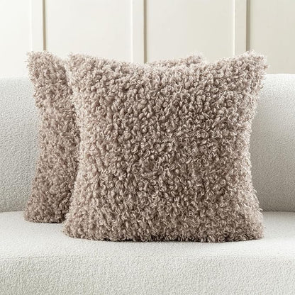 FUTEI Khaki Decorative Throw Pillow Covers 16x16 Inch Set of 2,Soft Fluffy Faux Wool Fur Boucle Textured Cushion Case,Modern Home Decor for Couch Bed Living Room Office