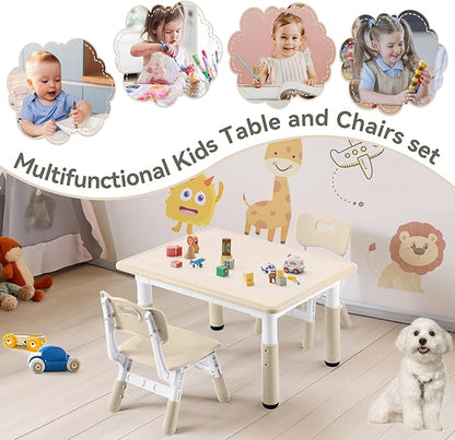 Kids Study Table and Chairs Set, Height Adjustable Toddler Table and Chair Set for Kids Ages 3-8, 31.5" L x 23.6" W Graffiti Desktop Plastic Children Art Table with 2 Seats, Burlywood