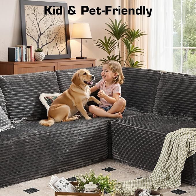 Weaxty Boneless Sectional Couch, Oversized L Shaped Modular Cloud Couches, Plush Corduroy Memory Foam Deep Seat Floor Sofa, No Assembly Required，Gray