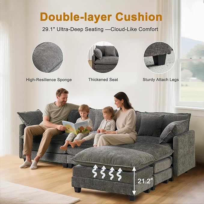 111.4" Cloud Chenille Sectional Sofa 3+2｜Modular 5-Seat Couch with Connector｜FSC Solid Wood Frame｜29.1" Deep Seat｜1YR Comfort Guarantee