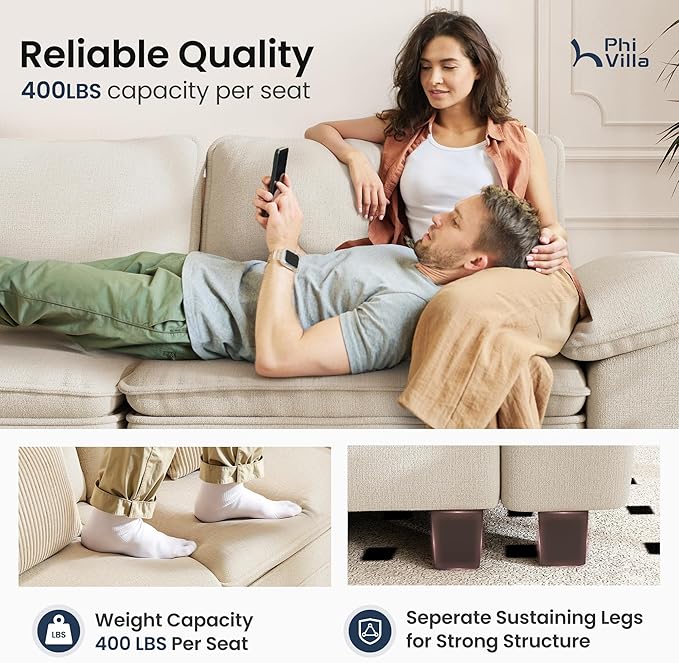 PHI VILLA Indoor Modular Couches Sets, 87.5" Sectional Loveseat Sofa with Upholstered Deep Seat, 2-Seater Comfy Couches for Living Room Bedroom, Chenille Fabric, Beige