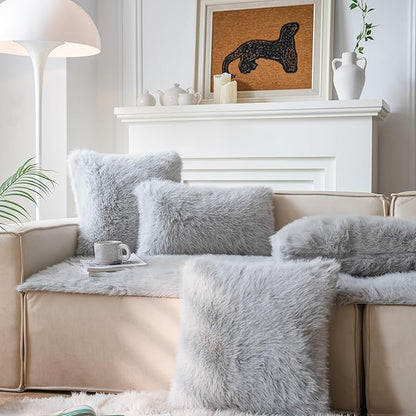 Neelvin Light Grey Faux Fur Cozy Fluffy Double-Sided Decorative Throw Pillow Covers 16x16 inch Set of 2,Velvet Pillowcase Cushion Case for Sofa Couch