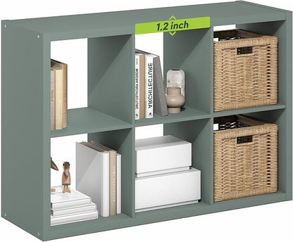 Furinno Cubicle Book Shelf, 6-Cube Thick Frame Bookshelf, Horizontally & Vertically Reversible Bookcase with Open Back, 14.6" x 43.8" x 30", for Living Room, Bedroom, Home Office, Sage Green
