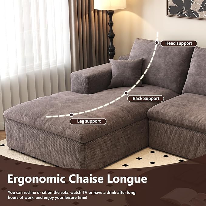 107'' L-Shaped Modern Modular Sectional Cloud Couch, 4-Seat Chenille Deep-Seat Sofa with Pillow for Living Room, Bedroom, Apartment, Camel