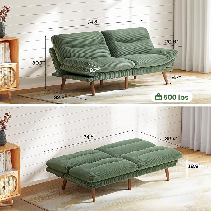 Marsail 75" Futon Sofa Bed, Futon Couch with Adjustable Backrest & Armrests, Convertible Sleeper Sofa Bed for Apartment, Living Room, Office, Corduroy Loveseat, Green
