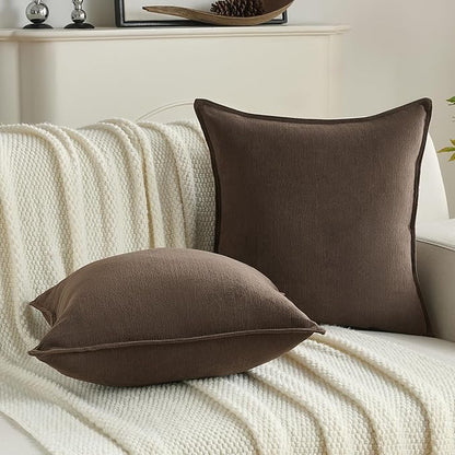 FUTEI Dark Coffee Chenille Throw Pillow Covers 26x26 Inch Set of 2,Edges Double-Stitched Euro Pillow Shams,Modern Home Decor for Couch Living Room