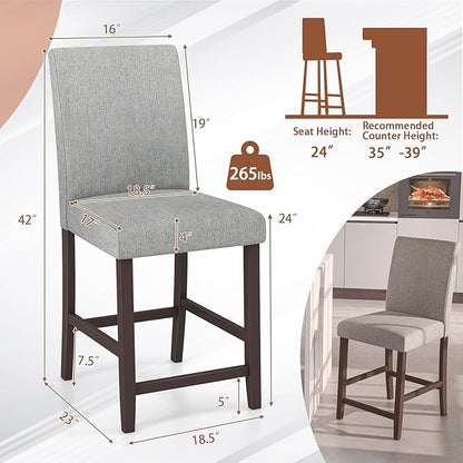 COSTWAY Counter Height Bar Stools Set of 2, 24'' Upholstered Mid Century Modern Island Chairs with Rubber Wood Legs, Wooden Barstools for Kitchen, Dining Room, Bar, Restaurant (Light Grey)