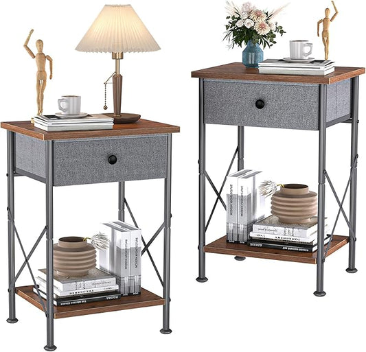 VECELO Night Stands for Bedroom Nightstand Bedside End Tables with Drawer Storage, (Set of 2), Rustic Brown