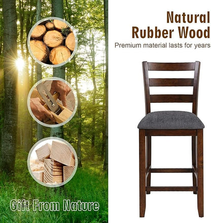 COSTWAY Set of 4 Counter Height Bar Stool, 25.5-Inch Upholstered Bar Stools with Solid Rubber Wood Frame, Foam-Padded Cushion, Footrest, Kitchen Chair for Bistro, Living Room, Grey and Brown