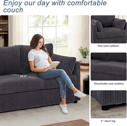 79 inch Sofa for Living Room,Mid Century Modern Couch with Big Pockets, Corduroy Couch with Three Cushions and Solid Wood Frame for Apartment and Small Spaces (Grey, Sofa)