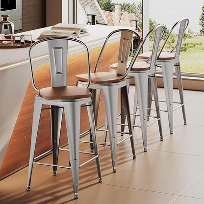 Aklaus Swivel Metal Bar Stools with Backs Counter Stools Set of 4 Counter Height Stools High Back Bar Chairs 24 Inches Barstools Farmhouse Silver