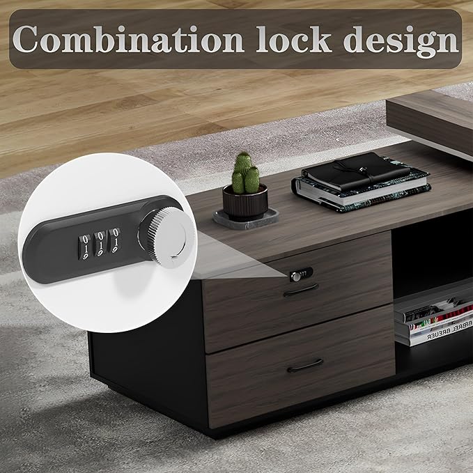 Modern Large Desk, Modern L-shaped Desk With Side Cabinets, Executive Desk With Combination Lock Drawer, Business Furniture Desk With Simple Cable Management (chair Not Included)(63x29.5x110inch)