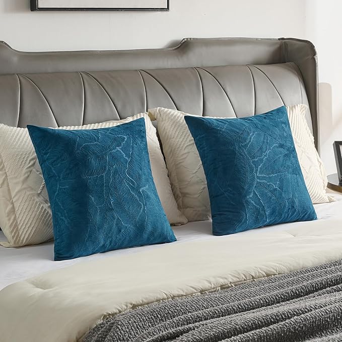 FUTEI Navy Blue Velvet Throw Pillow Covers 20x20 Inch Set of 2,Soft Embossed Leaf-Relief Textured Cushion Cases,Natural Home Decor for Couch Living Room