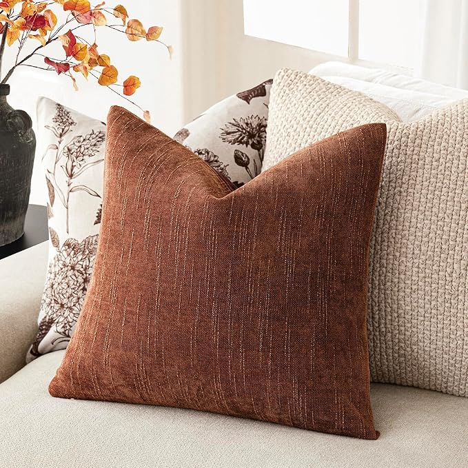 Foindtower Pack of 2 Soft Textured Chenille Throw Decorative Pillow Covers Square Accent Solid Cushion Cover Cozy Neutral Farmhouse Pillow Case for Couch Sofa Bedroom Living Room 22x22 Inch,Red Taupe