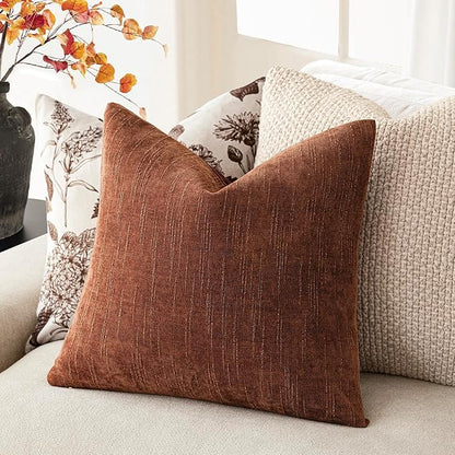 Foindtower Pack of 2 Soft Textured Chenille Throw Decorative Pillow Covers Square Accent Solid Cushion Cover Cozy Neutral Farmhouse Pillow Case for Couch Sofa Bedroom Living Room 20x20 Inch,Red Taupe