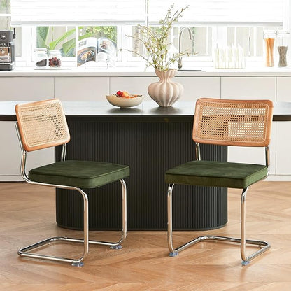 Green Rattan Dining Chairs Set of 4, Wooden Mid Century Modern Kitchen Chairs, Mesh Back Cane Dining Room Chair, Cesca Design Chairs with Metal Chrome Legs
