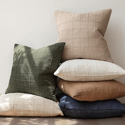 Foindtower Set of 2 Decorative Linen Check Throw Pillow Covers Neutral Farmhouse Vintage Cushion Covers Modern Coastal Boho Home Decor for Sofa Chair Couch Bedroom Living Room,22×22 Inch,Camel
