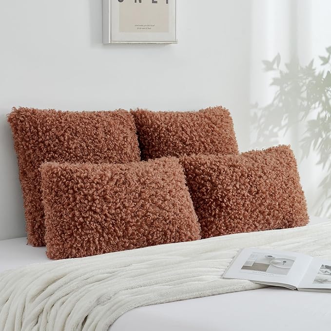 FUTEI Rust Decorative Throw Pillow Covers 22x22 Inch Set of 2,Soft Fluffy Faux Wool Fur Boucle Textured Cushion Case,Modern Home Decor for Couch Bed Living Room Office
