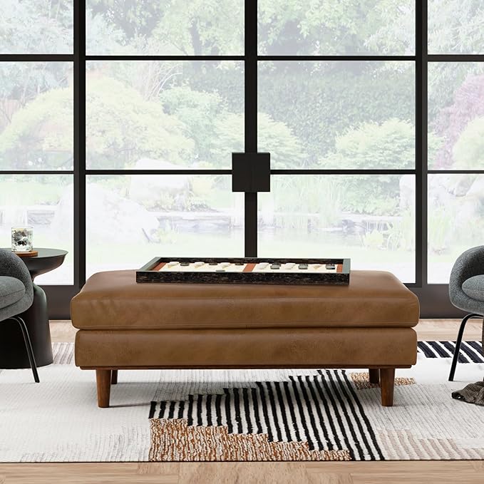 SIMPLIHOME Morrison 49 inch Wide Large Rectangular Ottoman in Caramel Brown Genuine Leather, Multifunctional Footrest, Coffee Table, and Extra Seating for Living Room, Mid-Century Modern Style