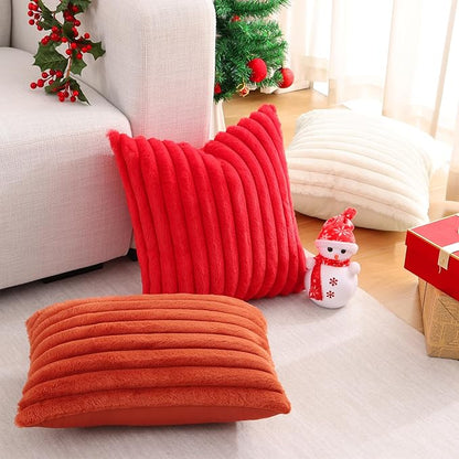 Pallene Faux Fur Plush Lumbar Christmas Throw Pillow Covers 12x20 Set of 2, Luxury Soft Fluffy Striped Decorative Pillow Covers for Sofa, Couch, Living Room, Red
