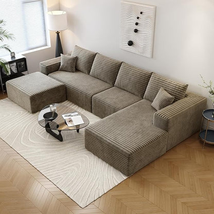 135.4" Cloud Sectional Couch with 1 Ottoman,Modern Modular Sofa with Deep Seat, Comfort U Shaped Sofa Couches for Living Room Bedroom Apartments,No Assembly Required, (Camel,Right Facing Chaise)
