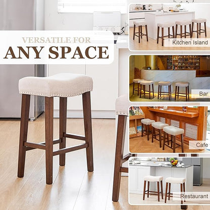 PrimeZone Counter Height Bar Stools Set of 6 - Backless Saddle Barstools with 4.3" Thick Upholstered, Nailhead Trim Linen Fabric & Solid Wood Legs, 26 Inch Counter Stools for Kitchen Island, Beige