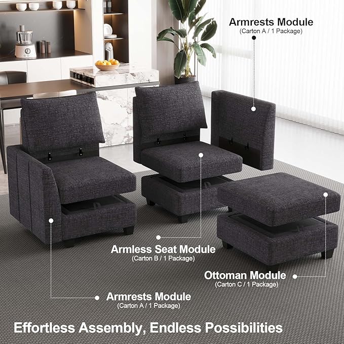 Belffin Large Modular Sectional Sofa Sleeper Sectional Couch with Storage Chenille Sectional Sofa Bed for Living Room, 9 Seats, Dark Grey