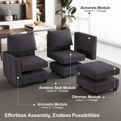Belffin Modular Sectional Sofa Chenille Sleeper Sectional Couch with Storage Modular Sofa Bed for Living Room, 6 Seats, Dark Grey