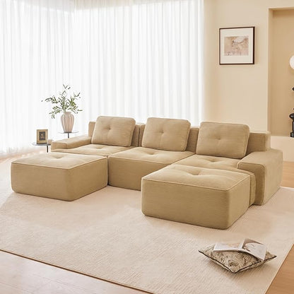 115.3” Camel Boneless Couches for Living Room, Modular Sectional Sofa with U-Shape Chaise, 3 Seater Comfy Upholstered Deep Seat Corduroy Fabric Cloud Couch No Assembly, Anti-Slip Design
