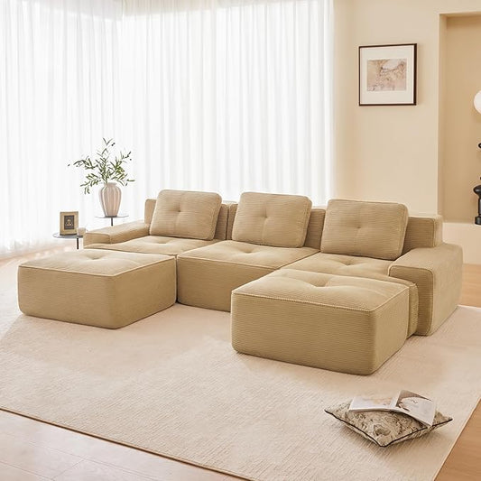 115.3” Camel Boneless Couches for Living Room, Modular Sectional Sofa with U-Shape Chaise, 3 Seater Comfy Upholstered Deep Seat Corduroy Fabric Cloud Couch No Assembly, Anti-Slip Design