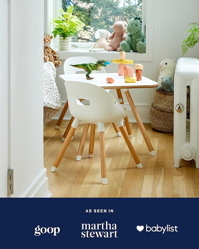 Lalo The Play Kit - Kids Table & Chairs Set with Sustainably Sourced Wood Table & 2 Non-Toxic Bucket Seat Chairs - Safe & Comfortable - Natural/Grapefruit