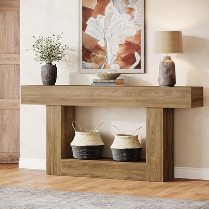 Tribesigns 63-Inch Long Console Table, 2-Tier Entryway Table Sofa Table with Storage, Farmhouse Wood Behind Couch Table for Living Room, Hallway, Light Brown