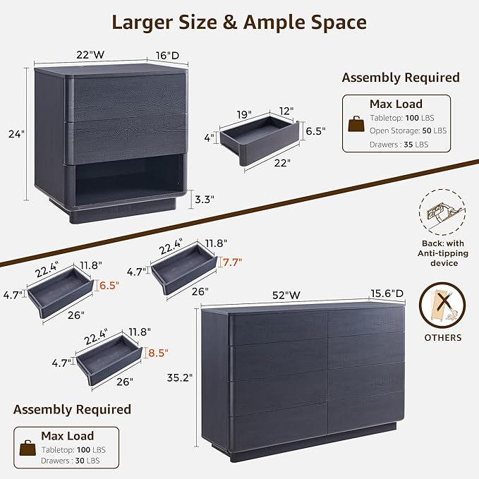 ACCOHOHO Modern Bedroom Set, 3 Pieces Bedroom Furniture Set, Wood 8 Drawer Dresser and Nightstands Set of 2, Chest of Drawers Wide Storage Organizer Cabinet for Bedroom,Black