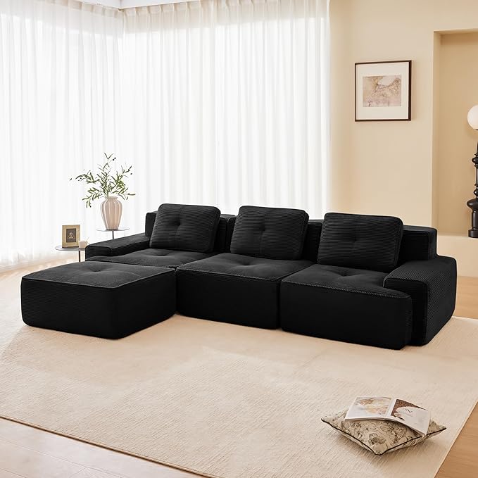 115.3” Black Boneless Couches for Living Room, Modular Sectional Sofa with L-Shape Chaise, 3 Seater Comfy Upholstered Deep Seat Corduroy Fabric Cloud Couch No Assembly, Anti-Slip Design