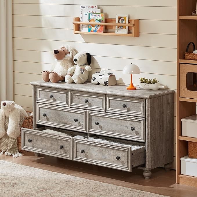 Farmhouse Dressers & Night Stand Set of 4, Wood 54" Wide 7 Drawer Dresser & 35" Tall Chest of Drawers, 18" Roman Column Nightstand Set of 2, Bedroom Furniture Dresser Sets for Home Living Room Hallway