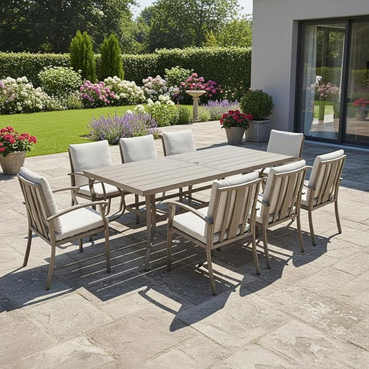 9-Piece Outdoor Dining Set, Aluminum Patio Dining Set with 2.2" Umbrella Hole, Outdoor Table and Chairs with Thick Cushions, Patio Furniture Sets for Decks, Lawn, Garden, Backyard, Limed Oak