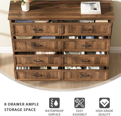 Farmhouse 8 Drawer Dresser for Bedroom, 55 Inch Wide Modern Walnut Dresser TV Stand with Large Drawers & Bar Handles, Rustic Wood Chest of Drawers for Bedroom, Living Room, Hallway, Entryway.