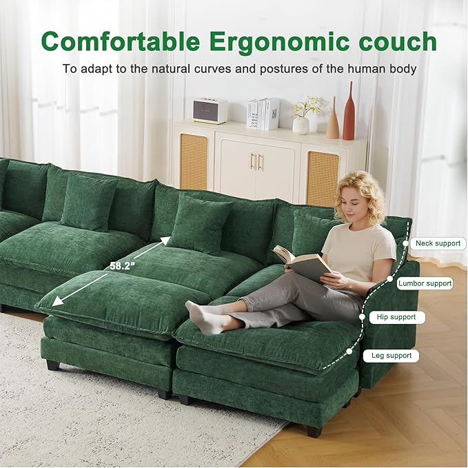 146" U Shaped Sectional Cloud Couch with 2 Ottomans｜Large Chenille Modular Sofa for Living Room｜FSC Solid Wood Frame｜29.1" Deep Seat｜Easy Assembly & 1YR Guarantee Green