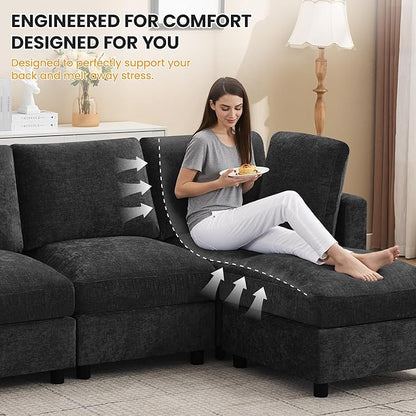 4-Seater Modular Sectional Cloud Sofa with 2 Ottomans, U-Shaped Couch for Living Room, Modern Deep Seat Sofa with Soft Back Cushions, Chenille Dark Grey