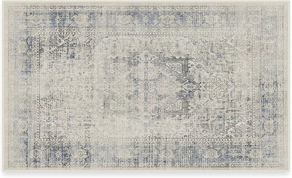 RUGGABLE Washable Vintage Area Rug – Kamran Blue Quartz 3x5, Stain-Resistant, Non-Slip – Small Machine Washable Rugs for Living Room, Bedroom, Hallway, Entryway & Office–with Standard Pad