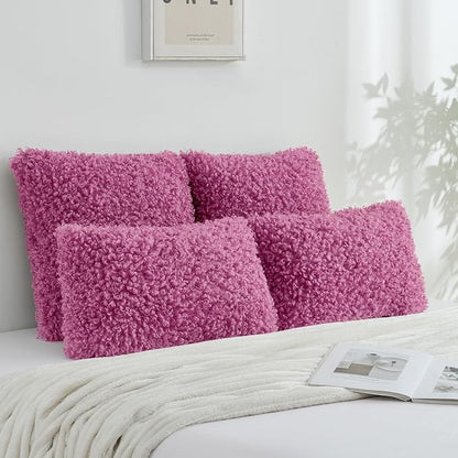 FUTEI Hot Pink Decorative Throw Pillow Covers 18x18 Inch Set of 2,Soft Fluffy Faux Wool Fur Boucle Textured Cushion Case,Modern Home Decor for Couch Bed Living Room Office