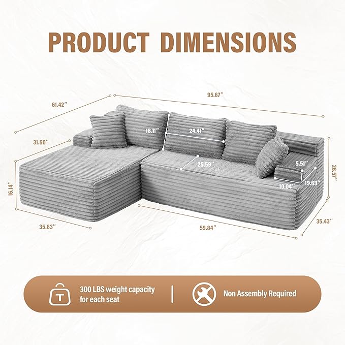 Hobestluk Modular Sectional Couch Sofa,96" Boneless Couches for Living Room, Memory Foam Sectional Couch with Oversized Chaise,L-Shape Couches (Grey, Left Facing)