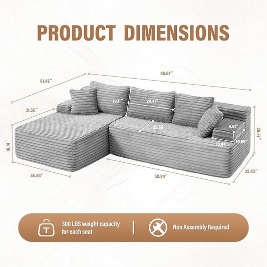 Hobestluk Modular Sectional Couch Sofa,96" Boneless Couches for Living Room, Memory Foam Sectional Couch with Oversized Chaise,L-Shape Couches (Grey, Left Facing)