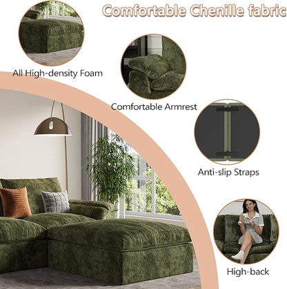 EASE MOOSE Oversized Boneless Couch for Living Room, Sectional Cloud Sofa, Modular Cloud Couch, 3-Seater Deep Seat Sofas with Pillow for Bedroom, Apartment, No Assembly Required, Chenille (Green)